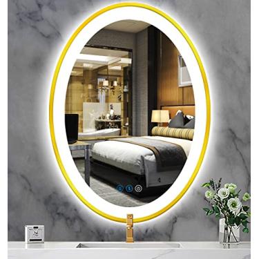 Imagem de ARUMMA Espelho de banheiro de LED oval dourado de 81 x 61 cm com luzes frontais, moldura dourada, espelho oval iluminado para parede de banheiro, espelho oval, inteligente, 3 cores, regulável