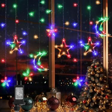 Imagem de PUHONG Cordão de luzes de Natal, 138 luzes de cortina de LEDs com 8 modos de luz, 30 m, estrela, lua, interior e exterior, cordão de fada para janela, quarto, parede, casa, Ramadã, decoração de Natal
