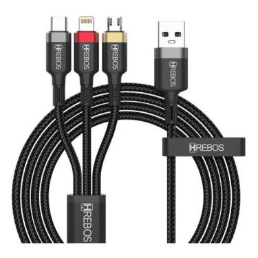 Imagem de Cabo Carregador 3 em 1 Tipo C Micro USB - Carga Rápida 3.4A - Hrebos