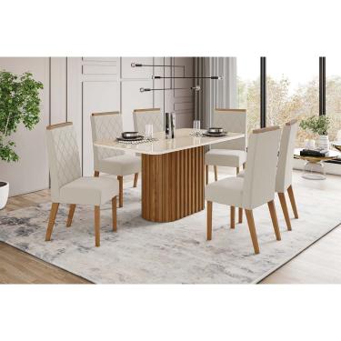 Imagem de Conjunto: Mesa de Cozinha Solana c/ Tampo Madeirado c/ Vidro Curvo 160x90cm e 6 Cadeiras Nina Nature/Suede Light Linho - Henn