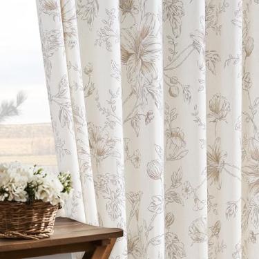 Imagem de Cortinas de linho floral marrom plissadas para sala de estar 213 cm de comprimento com estampa de flor de peônia vintage boho fazenda campo filtro de luz traseira aba plissada cortinas quarto