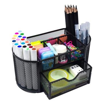 Imagem de Marte Vanci Organizador de mesa de malha de metal, 9 compartimentos, porta-lápis de tela, para mesa, organizadores de mesa e acessórios para escola, escritório em casa (preto)
