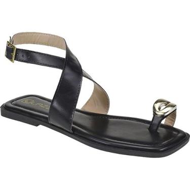 Imagem de Sandália Rasteira Feminina Enfeite Dourado Bico Quadrado Rasteirinha -