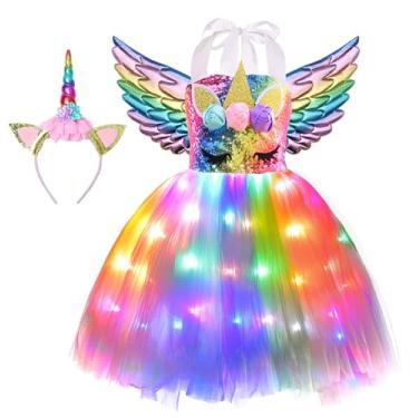 Imagem de Viyorshop Fantasia de unicórnio para meninas, vestido tutu de unicórnio, arco-íris com luzes de LED, roupa de festa de aniversário para fantasias de festa de Halloween (lantejoulas arco-íris, 5 a 6 anos)