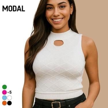 Imagem de Blusa Regata Cropped Feminino Tricot Modal Vazado Sem Manga - Vitrine 