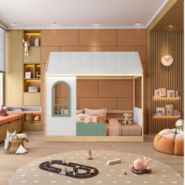 Imagem de Conjunto Cama Montessoriana Reversível Casinha Telhado, Led, Janela, Grade New Garden Casatema Verde/Natural
