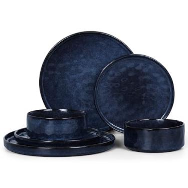 Imagem de LIANYU Conjuntos de pratos e tigelas para 2, 6 peças, louças de jantar de cozinha, utensílios de cozinha, micro-ondas e lava-louças, azul cetáceo