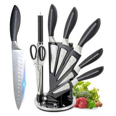 Imagem de Conjunto de blocos de facas, conjunto de facas de cozinha de 8 peças com suporte de armazenamento giratório, conjunto de facas afiadas de aço inoxidável, conjunto de facas de chef para cozinha com