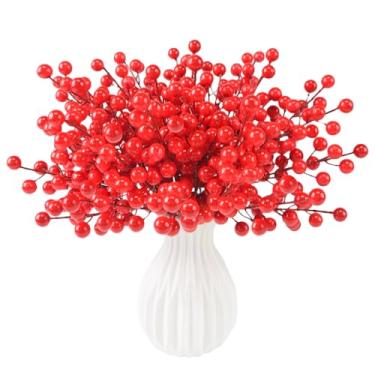 Imagem de 44 peças de ramos artificiais de frutas vermelhas vermelhas, palitos de frutas vermelhas de Natal de 21 cm, hastes falsas de baga de azevinho para galhos de enchimento de árvore de Natal, ornamentos