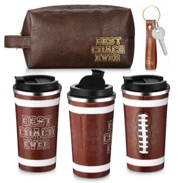 Imagem de Roshtia 3 peças Football Coach Thank You Gift Best Coach Ever Caneca de café de aço inoxidável de 500 ml Saco de higiene pessoal chaveiro inspirador futebol esportes presente de agradecimento de Natal