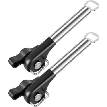 Imagem de Abridor manual de latas de 2 peças, abridor de latas de borda lisa, abridor de latas portátil de corte seguro com botão de borracha antiderrapante, abridor de lata de aço inoxidável, abridor de lata