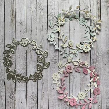 Imagem de LZBRDY Estêncil de matrizes de corte de metal com flores 3D para scrapbooking faça você mesmo, cartão de papel DIY em relevo decorativo (fundo de base de guirlanda 8,9 x 9 cm)