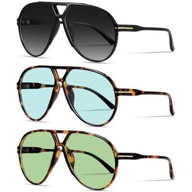 Imagem de YMRFW Óculos de sol aviador retrô grandes para mulheres, homens, clássicos, anos 70, estilo vintage, moderno, armação grande, Pacote com 3 (preto/cinza gradiente + tartaruga/azul claro + tartaruga
