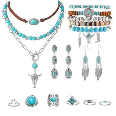Imagem de BTTLVZC Conjunto de 18 peças de joias turquesa ocidental para mulheres, colar boêmio, brincos pendurados, pulseira empilhável, anéis de junta, acessórios de vaqueira, para concertos de campo, joias