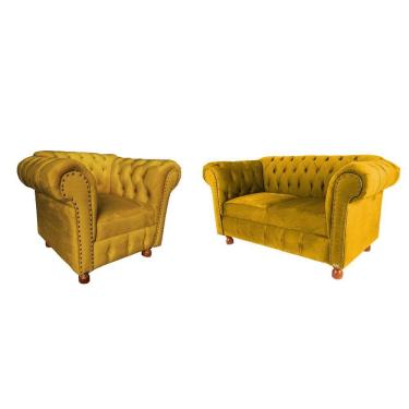 Imagem de Conjunto Sofa Namoradeira Chesterfield Capitone Luis XV Suede Amarelo / decoracao, sala tv estar, recepcao