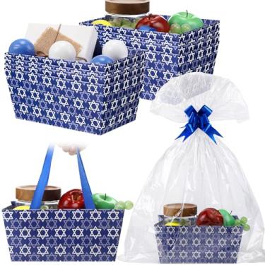Imagem de Moinchore Cesta de Hanukkah com 12 peças, vazia, 24 x 15 cm, bandeja azul do mercado da estrela de Davi, cesta de papelão com laços, sacos de celofane, azulejos torcidos, vazia para encher para festas