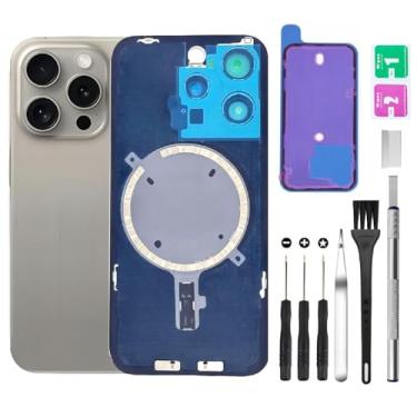 Imagem de Substituição de vidro da tampa traseira traseira para iPhone 15 Pro + lente da câmera + ímã + suporte de peça de ferro com kit de ferramentas de reparo (titânio)