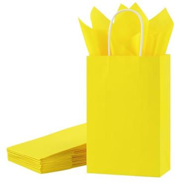 Imagem de SUNCOLOR Pacote com 24 sacos de presente amarelos com alças – Sacos de presente de 20 cm com 24 papéis amarelos para lembrancinhas de festa, aniversários, Páscoa, chás de bebê e ocasiões especiais