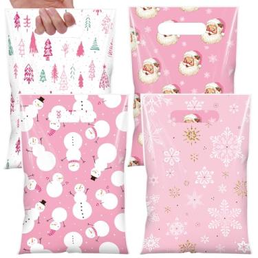 Imagem de Blosssound Peças, sacos de guloseimas de Natal rosa a granel - Flocos de neve, Papai Noel, sacolas plásticas de Natal para lembrancinhas de festa de Natal no inverno, suprimentos de embalagem de doces