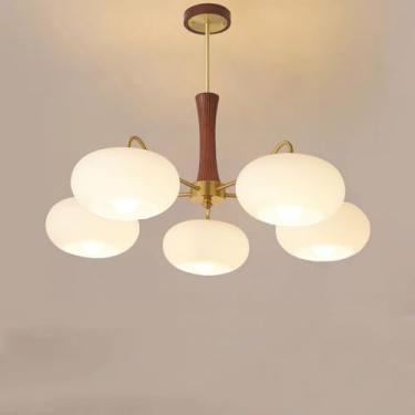 Imagem de Lustre moderno de vidro leitoso, lustre semi-embutido, luz de teto, estilo fazenda, rústico, madeira, pendente, redondo, grande, lustre para sala de estar, quarto, 5 luzes