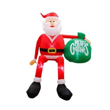 Imagem de Baoblaze Papai Noel inflável de Natal, decoração para áreas externas, sentado no telhado, display iluminado para o feriado com grande sacola de presentes para