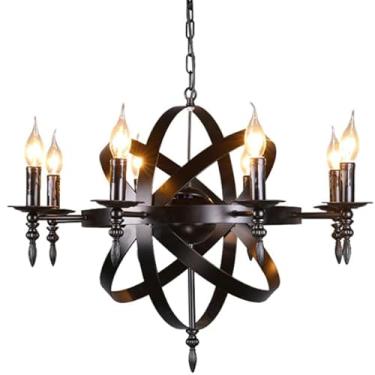 Imagem de Lustre de ferro forjado preto estilo castelo medieval grande luminária pendente para sala de estar corredor ou casa de campo luminária de teto de vela de meados do século
