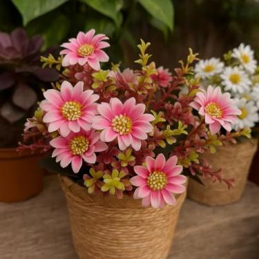 Imagem de Lizzi Home Decor Kit Vasos Decorativos com Margaridas Artificiais, Rosa e Branco, MDF com Acabamento em Palha, 30x12cm, 2 Vasos e 4 Buquês