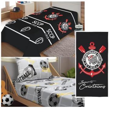 Imagem de Kit Quarto Corinthians Manta e Toalha com Jogo de Cama Futebol