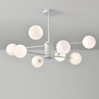 Imagem de Lustre moderno, luzes de teto industriais com bola fosca branca leitosa, impressão 3D, lua, grande luminária pendente para cozinha, ilha, sala de jantar, sala de estar, 8 luzes