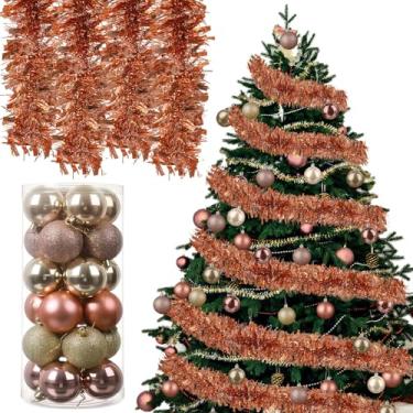 Imagem de Yuxung Guirlanda de Natal de 10 metros com 24 peças de enfeites de bola de Natal de 5 cm guirlanda metálica torcida para Natal, casamento, aniversário (champanhe)