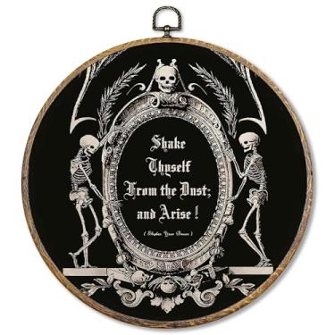 Imagem de Pugwak Decoração de parede redonda de caveira de esqueleto gótico vintage, arte de parede assustadora de Halloween emoldurada, arte gótica escura Academia, decoração para pendurar na parede para casa