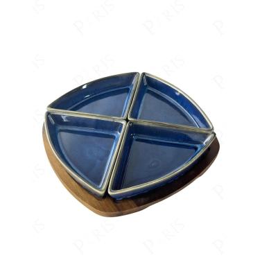 Imagem de Petisqueira de Madeira com 4 Bowls de Cerâmica Azul UN0013 BTC