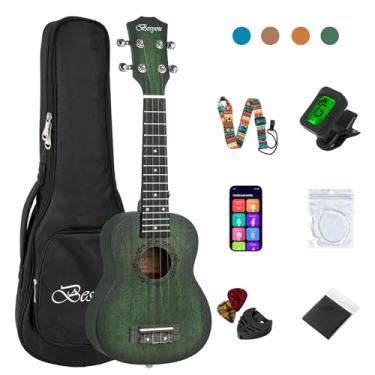 Imagem de Besyou Ukulele de concerto para iniciantes em mogno ukelele kit com sintonizador Gig Bag alça de corda de nylon carbono palhetas pano escolha de presente (verde, 21)