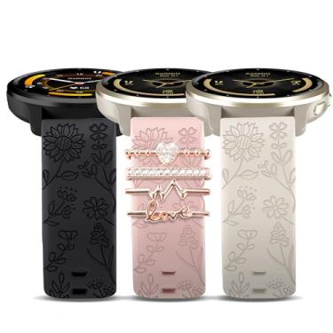 Imagem de HQzon Pulseira de silicone com gravação de flores de 22 mm compatível com Garmin Vivoactive 4/Venu 3/Venu 2, pulseira de substituição feminina compatível com Forerunner 265/965/255/955/745
