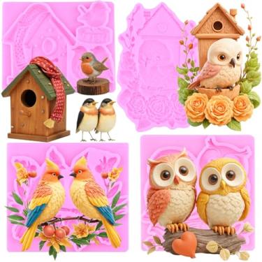 Imagem de MIYAHOUSE Molde de silicone para fondant de pássaro para decoração de bolos, topo de cupcake, pasta de goma de chocolate, argila de polímero, conjunto de 4