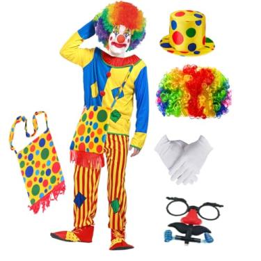 Imagem de Utaomld Fantasia de palhaço adulto com peruca arco-íris chapéu bolsa óculos Halloween homem mulher cosplay macacão fantasia (caminho)