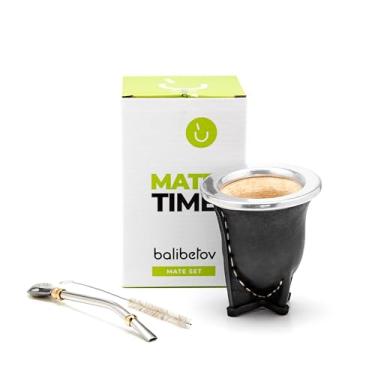 Imagem de BALIBETOV Cabaça de erva mate feita à mão embrulhada em couro (copo de casal) com Bombilla (palha de erva mate) (preto 01)