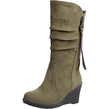 Imagem de Botas femininas de inverno quentes de camurça com zíper anabela botas de neve para uso ao ar livre, Verde militar, 34 BR