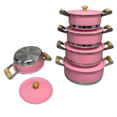 Imagem de Conjunto de Panelas em Alumínio, Alça de Madeira, Rosa, 16-24 cm, 5 Peças (Rosa)