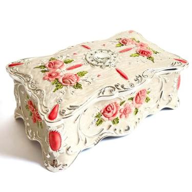 Imagem de Baú de joias rosa estilo pastoral caixa de metal bugiganga vintage bandeja de armazenamento de pedras preciosas lembrança de tesouro estojo de presente para meninas mulheres (branco rosa dourado