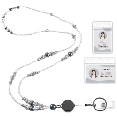 Imagem de Cordão de professor para crachás de identificação e chaves, cordão de crachá com contas com carretel retrátil, colar de pérolas, cordões fofos para mulheres (preto)
