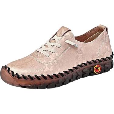 Imagem de Tênis feminino de couro macio sem cadarço, mocassim moderno, feito à mão, bordado floral, tênis de caminhada, Rosa, 9.5
