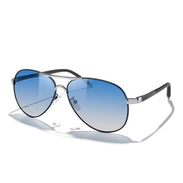 Imagem de Óculos de sol masculino clássico piloto HD de alumínio polarizado óculos de sol para dirigir óculos de sol luxuosos UV400, Armação preta e prateada/lente gradiente azul, Lens Width: 61 Millimeters
