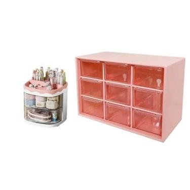 Imagem de Mini Gaveteiro 6 ou 9 Gavetas Organizador Transparente Para Joias/Papelaria/Maquiagem(9 GAVETA ROSA-1 PEÇAS)