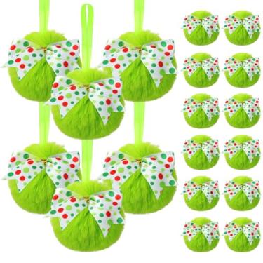 Imagem de Liliful 18 peças de enfeites de bola de Natal peluda verde limão enfeites de natal peludos enfeites de Natal pompom bolas de pendurar para pendurar em casa suprimentos de festa de árvore de Natal