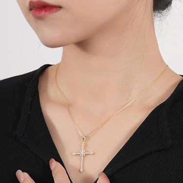 Imagem de Colar com pingente de cruz de diamante estrelado dourado brilhante incrustado em zircão moderno, joias, presente de festa, seleção de presente de Natal