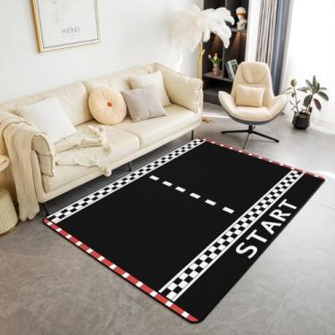 Imagem de Tapete de pista de corrida de carro de corrida 9,5 x 1,5 m, tapete antiderrapante para crianças, adolescentes, meninos, mulheres, homens, preto e branco, tapete interno para decoração de sala de