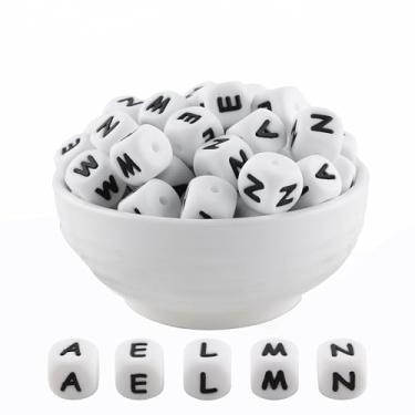 Imagem de HHCFAST Contas de silicone do alfabeto com letra A, E, L, M, N de 12 mm, 20 peças de contas de silicone com número de coração e cubo para fabricação de chaveiros, ideal para colar, pulseira, canetas e
