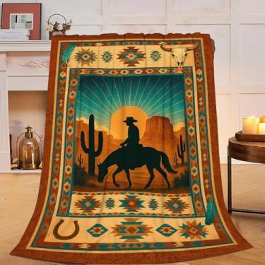 Imagem de Cobertor de caubói ocidental do sudoeste cavalo caubói tropical cacto mexicano cobertor macio aconchegante lã felpuda coisas quentes cobertores de cama presentes para meninos meninas crianças adultos