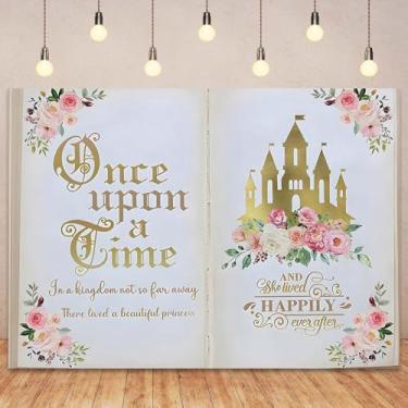 Imagem de Once Upon a Time Pano de fundo de livros de contos de fadas rosa floral dourado castelo princesa conto de fadas decoração de festa de aniversário princesa romântica festa de aniversário mágico livro